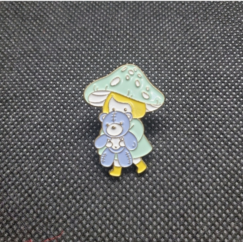 Mushroom girl enamel pin. Blue and white Mushroom